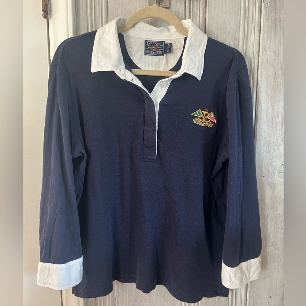 WOMENS XL navy long sleeve Polo shirt embroidered crest old money preppy…